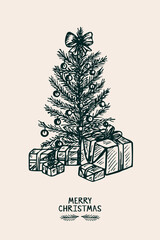 Christmas greeting card. Hand-drawn sketch illustration of Christmas tree and gifts, presents. Vector line art drawing, isolated