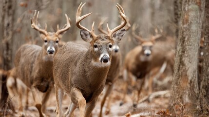 Obraz premium Whitetail Deer Running from Wild Turkeys in the Woods. Hunting Trophy Buck with Antlers