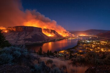 Fototapeta premium Wildfire Washington. Night View of Grass Valley Forest Fire in Grand Coulee Canyon