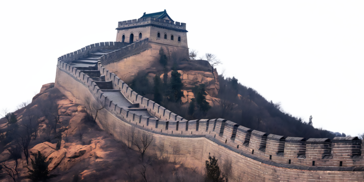 Majestic Great Wall of China, with Watchtower on a Rocky Hillside, cutout, PNG isolated on white or transparent background