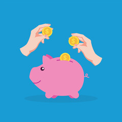Hands putting dollar coins into a pink piggy bank. Flat vector illustration for savings, investment, personal finance management, and retirement fund concept