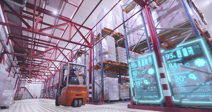 Working in a large cold storage warehouse with frozen foods. A forklift transports crates of frozen food in a cold warehouse. Artificial intelligence manages a warehouse. Futuristic warehouse concept