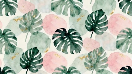 Seamless tropical leaves pattern pastel sage blush gold foil texture