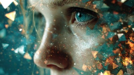 Abstract Digital Consciousness: Fragmented face merging with geometric conference room holograms
