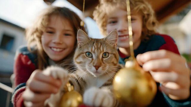 Young siblings and their cat pawing at dangling Christmas ornaments safely placed outdoors, emotion of fascination and amusement visible, representing interactive festive play, seasonal creativity,