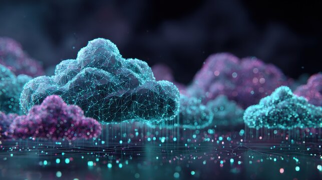 Cloud Migration Digital Transformation: Floating geometric cloud structures with binary code rain
