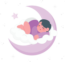Baby sleeping on cloud on crescent moon vector illustration