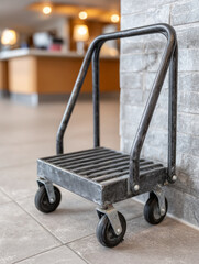Metal cart with wheels in an indoor industrial setting.