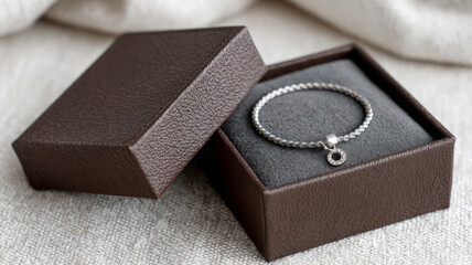 Elegant silver bracelet in a luxury brown gift box.