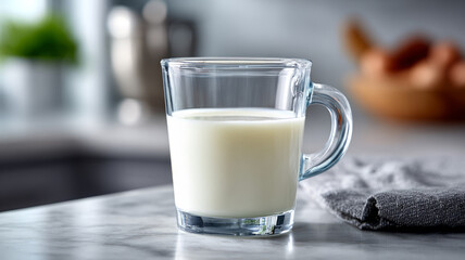 Glass of milk on kitchen table.