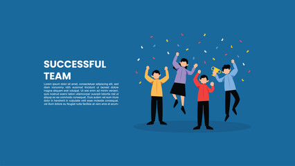 Successful business team of four celebrating their victory and achievement under confetti. Flat vector illustration for teamwork, corporate success, and reward concept
