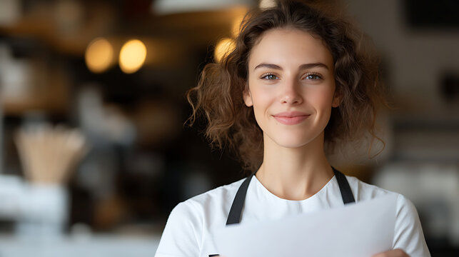 A smiling worker with curly hair, donning an apron, holding a paper, radiates a warm and professional aura, ready to serve with a genuine smile. #WorkLife #CustomerService