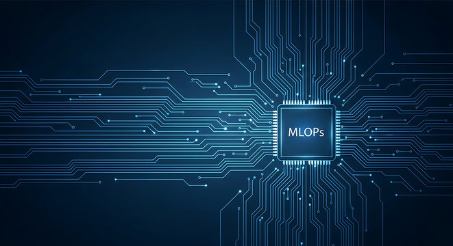 MLOps Concept on Circuit Board Background &ndash; Artificial Intelligence and Machine Learning Operations Technology Illustration with Blue Microchip Lines and Copy Space
