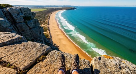 POV of a hiker sitting on a cliff edge with a scenic view of the ocean and beach. First person perspective of feet in boots overlooking a vast coastline. Adventure and freedom concept