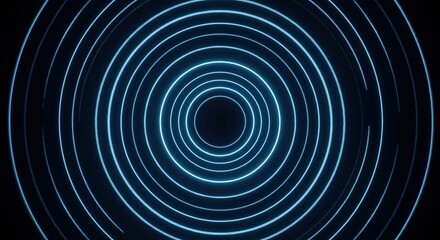 Abstract background with glowing blue concentric circles. Futuristic neon light tunnel effect. Digital energy or sound wave concept