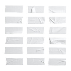 Fototapeta premium Adhesive Tape Variety: A collection of various used and unused adhesive tape strips showcase textures, folds, and imperfections, highlighting their unique qualities.