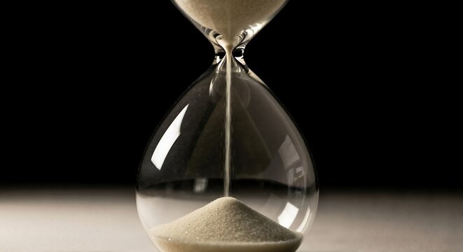 An hourglass with sand flowing to measure passing time. Countdown and deadline concept with a sand clock on a black background