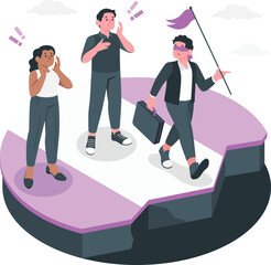 Blindfolded leader with flag and briefcase walks ahead of surprised onlookers leadership walking