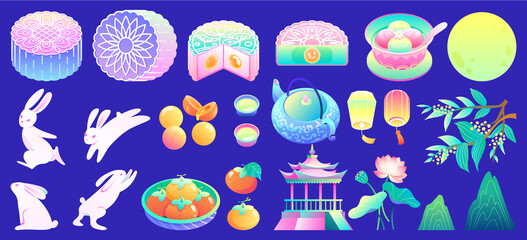 Full-page Mid-Autumn scene with pastries rabbits lotus and moon in hand-drawn flat style