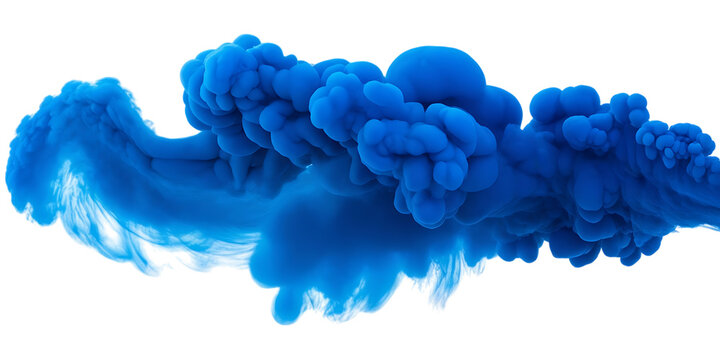 Vibrant blue ink cloud, swirling and expanding in water, cutout, PNG isolated on white or transparent background smoke abstract