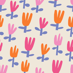 Collage flowers colorful pattern. Cutout cute florals in nursery print. Colorful paper cut blossoms on off-white background. Perfect for wrapping paper and textile.