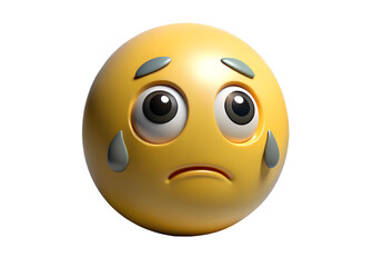 Fototapeta premium Sad yellow emoji with tears isolated on transparent background a 3d rendering of a crying face with big eyes and eyebrows