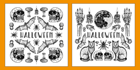 Halloween designs for cards, stickers, posters with skull, moon, bat, candle, spider illustrations. Sketch outline drawings in engraving style. Hand-drawn vector line art