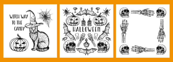 Halloween card and frame designs - sketch outline illustration with lettering phrase. Skull, bat, spider, pumpkin drawings in engraving style. Hand-drawn vector line art, sticker, poster, invitation