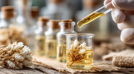 Botanical Extraction Process: Scientist extracting cellulose fibers from plant stems in glass beakers 