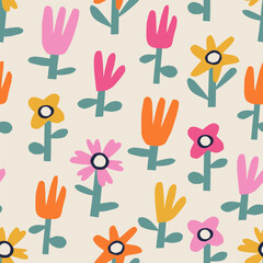 Collage flowers colorful pattern. Cutout cute florals in nursery print. Colorful paper cut blossoms on off-white background. Perfect for wrapping paper and textile.
