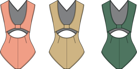 Set of three one-piece swimsuits with a V-neck and midriff cutout design. Fashion technical flat illustration in different color variations