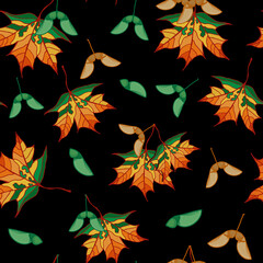 Illustration outlines of maple leaves and seeds on a black background, seamless pattern for decor, wrappers, fabrics