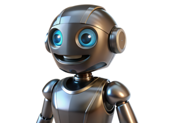 A friendly silver robot with blue eyes smiles cheerfully, isolated on transparent background, showcasing futuristic charm