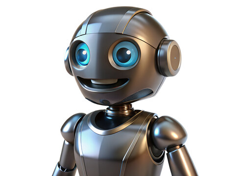A friendly silver robot with blue eyes smiles cheerfully, isolated on transparent background, showcasing futuristic charm
