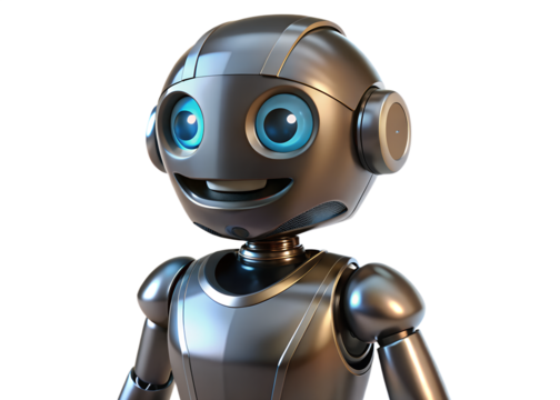A friendly silver robot with blue eyes smiles cheerfully, isolated on transparent background, showcasing futuristic charm