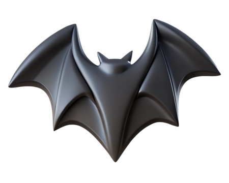 A sleek and stylized bat symbol rendered in a dark, matte material, isolated on transparent background, casting subtle shadows - Powered by Adobe