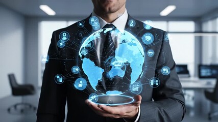 Businessman holding holographic earth globe with digital icons. Global connectivity and technology concept. Professional environment in modern office. - Powered by Adobe