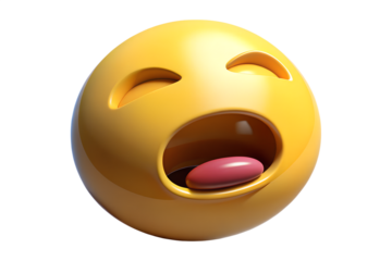 Sleepy emoji isolated on transparent background yellow face with closed eyes and mouth open, showing a pink tongue