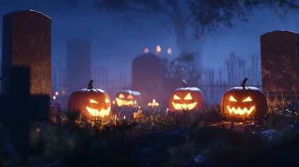 Fototapeta premium Halloween render: glowing pumpkins nestled between cemetery stones, thick fog swirling behind moonlit night, ultra-sharp high-res detail ready for print or screen.