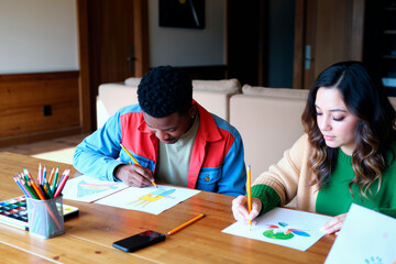 Young Black man and young woman sitting at table drawing colorful pictures with pencils, focusing on creative artwork, smartphone and art supplies visible on wooden surface