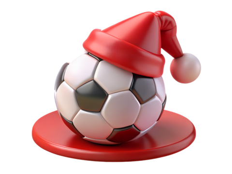 Soccer ball wearing a red santa hat on a red plate isolated on transparent background, a festive and fun image