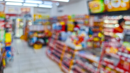 Defocused photo of A supermarket store aisle with a variety of products on the shelves. abstract...