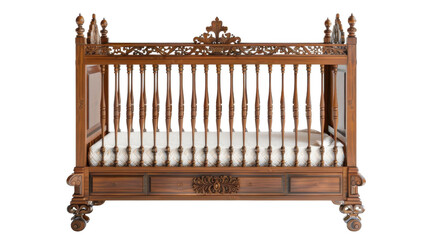 Ornate wooden crib furniture on transparent background
