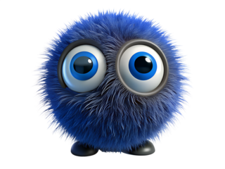 Cute blue furry monster with big eyes isolated on transparent background is looking at the viewer curiously