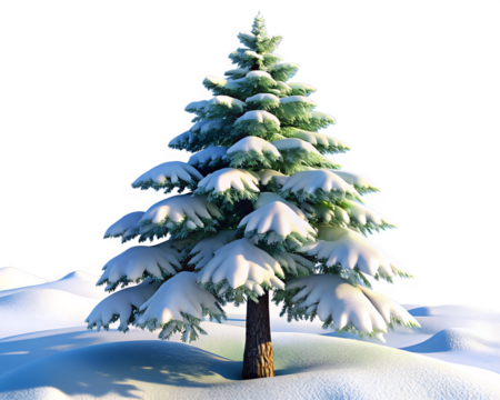 A snowcovered fir tree stands majestically on a pristine transparent background, its branches laden with fresh snow isolated on transparent background - Powered by Adobe