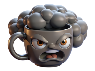 An angry coffee cup character with a stormy cloud head isolated on transparent background, expressing frustration