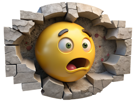A surprised emoji breaking through a brick wall isolated on transparent background, expressing shock and awe