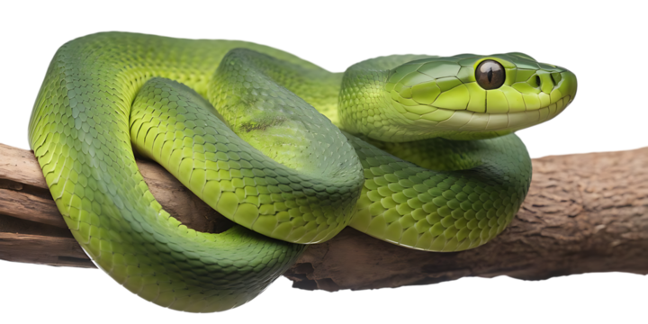 Vibrant green viper snake, coiled on a textured wooden branch, cutout, PNG isolated on white or transparent background green snake