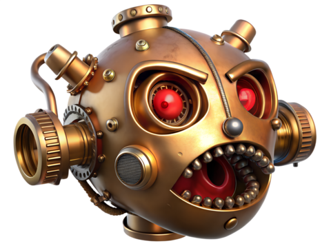 Angry steampunk robot head with red eyes isolated on transparent background, a whimsical and mechanical creation