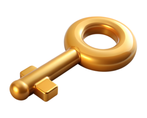 Golden key isolated on transparent background, a symbol of access, security, and unlocking opportunities, rendered in 3d